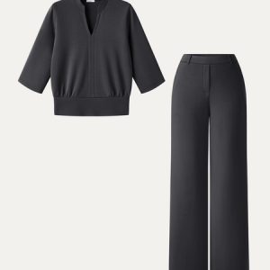 2Pcs Set V-Neck Elbow Sleeve Top & High-Rise Wide Leg Pants with Pockets