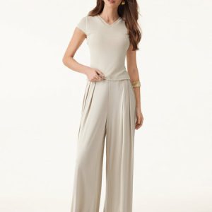 Sandwashed Mid Rise Pleated Wide Leg Palazzo Pant with Pockets