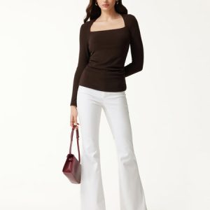 Trapeze Neck Long Sleeve Ruched Bra Top