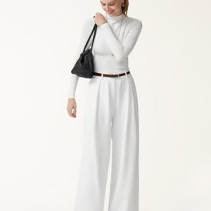 Not-See-Thru High-Rise Wide-Leg Pants with Pockets