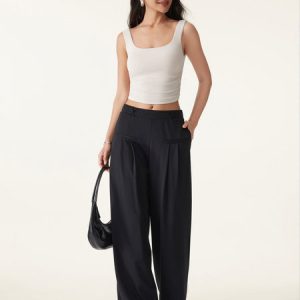 Drapey Bamboo Ponte Mid Rise Wide Leg Trouser with Pockets