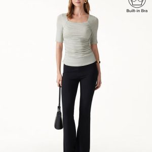 Lyocell-Wool Square Neck Elbow Sleeve Ruched Bra Top