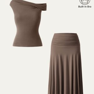 2Pcs Set Multi-wear Bra Top & Side Ruched A-line Midi Skirt