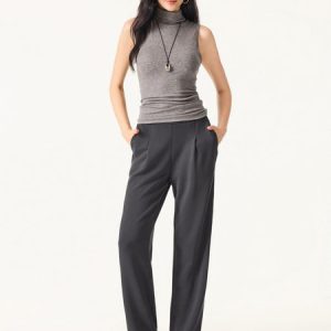 Sandwashed Spacer Mid Rise Straight Leg Pull-on Trousers with Pockets