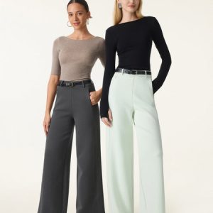 Stretch Cotton Blend Slimming High Rise Wide Leg Pant