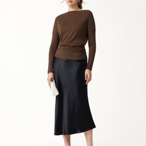 Lyocell-Wool Slash Neck Long Sleeve Ruched Banded Hem Top