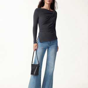 Eco-Mousse® Asymmetrical Neck Long Sleeve Tucked-Waist Top