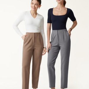 Ponte Mid-Rise Ankled Tapered Tuck Pants with Pockets
