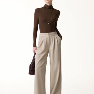 Ponte Mid-Rise Wide-Leg Tuck Pants with Pockets