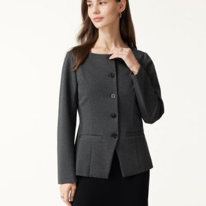 Ponte Office Round Neck Long Sleeve Jacket with Pockets