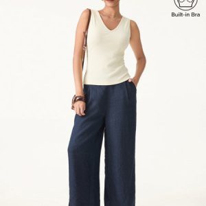 Stretch Cotton Pointelle V-neck Sleeveless Bra Tank
