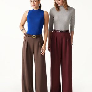 Lyocell Spacer Knit High-Rise Wide-Leg Tuck Pants with Pockets